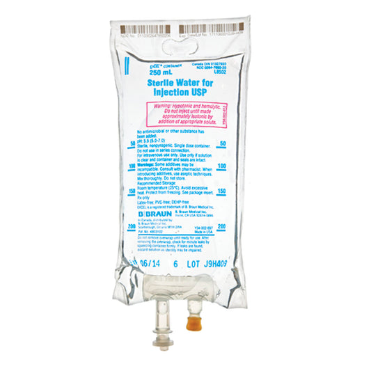 250mL Sterile Water, EXCEL® , 24/cs &nbsp;&nbsp;<strong style="color:red">Max weekly quantity allowed: 10</Strong> (Rx) (56 cs/plt) (Continental US+HI Only)