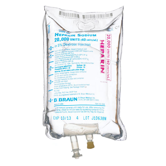 20,000 Units Heparin in 5% Dextrose Injection, 40 Units/mL, 500mL, EXCEL® Container , 24/cs (Rx) (Item is Non-Returnable) (Minimum Expiry Lead is 90 days) (Continental US+HI Only, Excluding IN and ND)