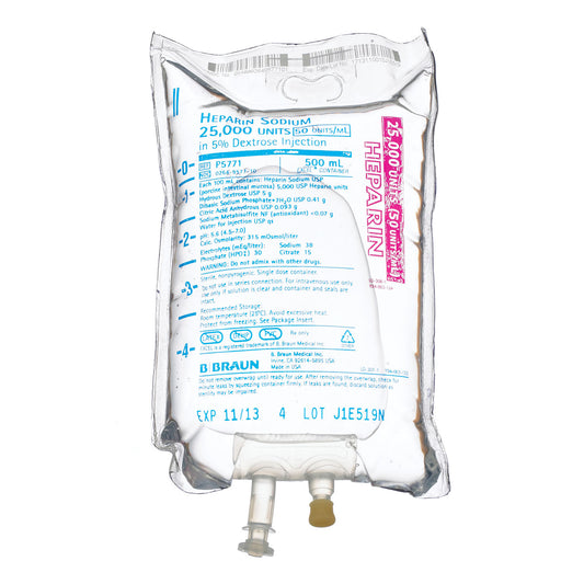 25,000 Units Heparin in 5% Dextrose Injection, 50 Units/mL, 500mL, EXCEL® Container , 24/cs (Rx) (Item is Non-Returnable) (Continental US+HI Only, Excluding IN and ND)