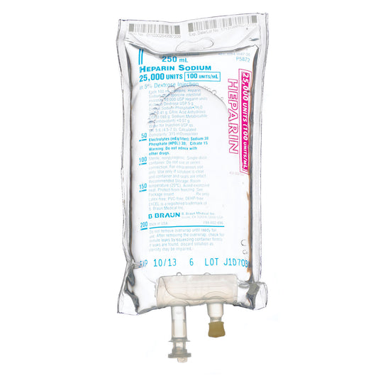 25,000 Units Heparin in 5% Dextrose Injection, 100 Units/mL, 250mL, EXCEL® Container , 24/cs (Rx) (Item is Non-Returnable) (Continental US+HI Only, Excluding IN and ND)