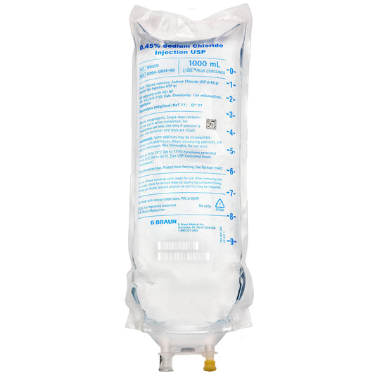 ExcelPlus Sodium Chloride Injections, 0.45%, 1000 ml , 12/cs &nbsp;&nbsp;<strong style="color:red">Max weekly quantity allowed: 10</Strong> (Rx) (Item is Non-Returnable) (Continental US+HI Only, Excluding IN and ND)