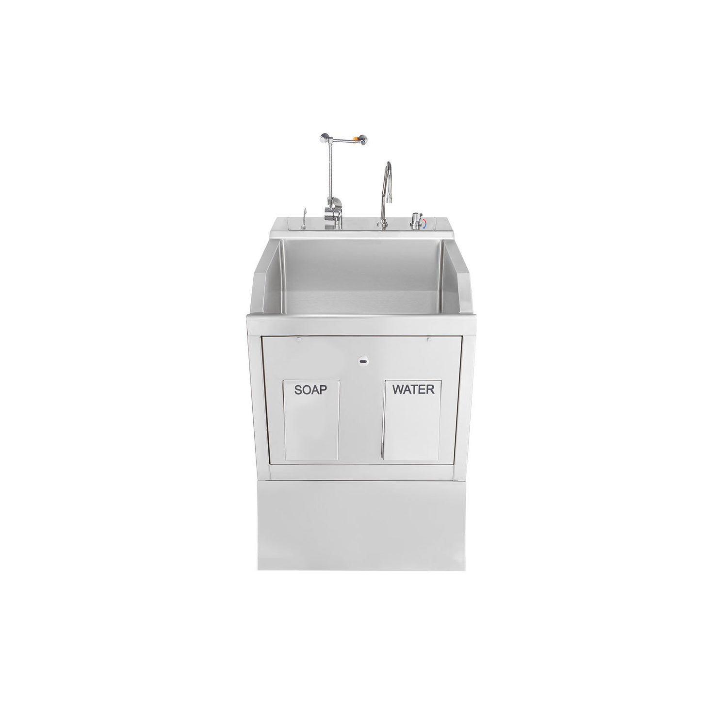 Lodi Scrub Sink, Place, Pedestal Mounted, Knee Action Control, Soap Dispenser, Infrared Water Control, Eyewash, Digital Timer (1)
