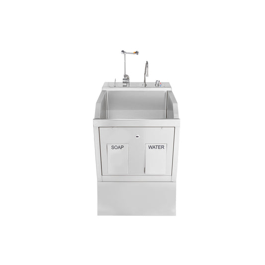 Lodi Scrub Sink, Place, Pedestal Mounted, Knee Action Control, Soap Dispenser, Infrared Water Control, Eyewash, Digital Timer (1)