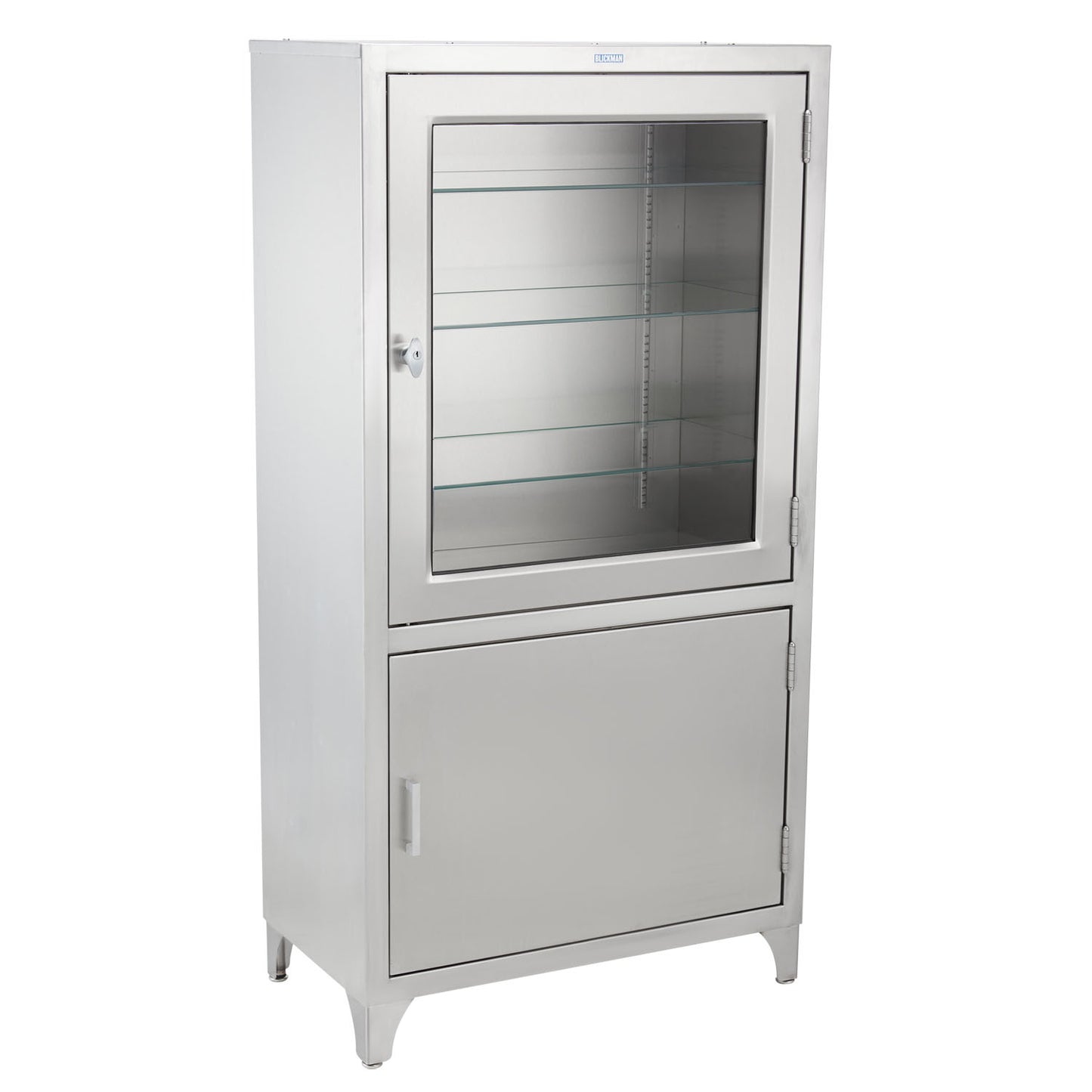 Kay Cabinet 30"W x 58"H x 16"D, Glass Upper Door, Solid Lower Door, Stainless Steel Shelves (1) (1) (2)