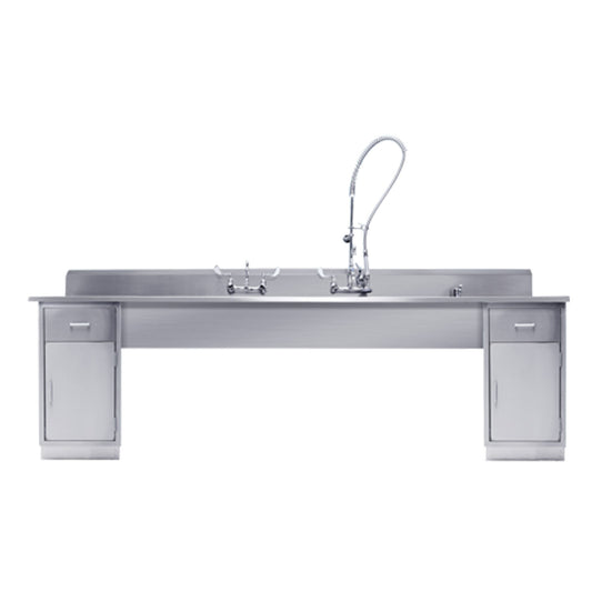 Decontamination Station 116"W x 26 1/2""D, Backsplash, 25"W x 18"H X 10"D Bowls, Waste Lever Drain w/ Overflow, Marine Edge, Bowls Etched w/Gallon & Liter Measures (8") (3) (1)