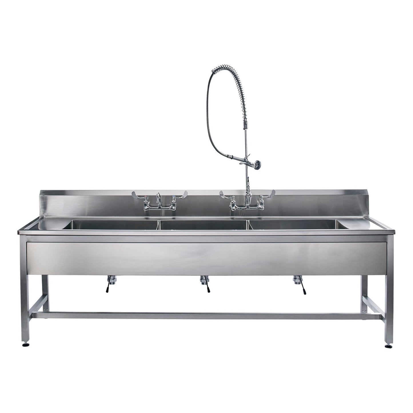 Decontamination Station 116"W x 26 1/2"D, Backsplash, 25"W x 18"H x 10"D Bowls, Stainless Steel SQ Tube Base, Adjustable Flanged Fet w/Marine Edge, Bowls Etched w/Gallon & Liter Measures (8") (3)