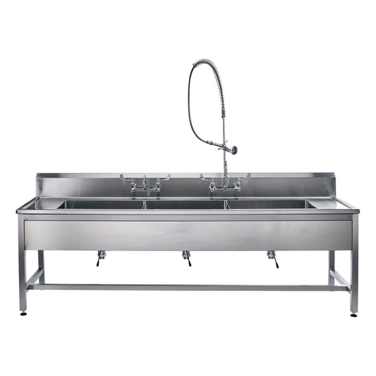 Decontamination Station 116"W x 26 1/2"D, Backsplash, 25"W x 18"H x 10"D Bowls, Stainless Steel SQ Tube Base, Adjustable Flanged Fet w/Marine Edge, Bowls Etched w/Gallon & Liter Measures (8") (3)
