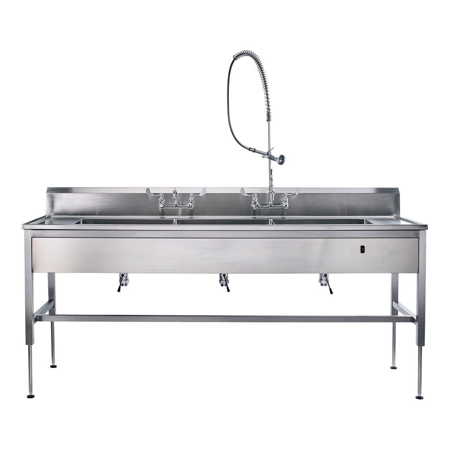 Decontamination Station 116"W x 26 1/2"D, Hydraulic Lift, Backsplash, 25"W x 18"H x 10"D Bowls, Waste Lever Drains, Bowls Etched w/Gallon & Liter Measures (8") (3) (3)