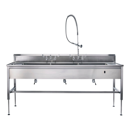 Decontamination Station 116"W x 26 1/2"D, Hydraulic Lift, Backsplash, 25"W x 18"H x 10"D Bowls, Waste Lever Drains, Bowls Etched w/Gallon & Liter Measures (8") (3) (3)