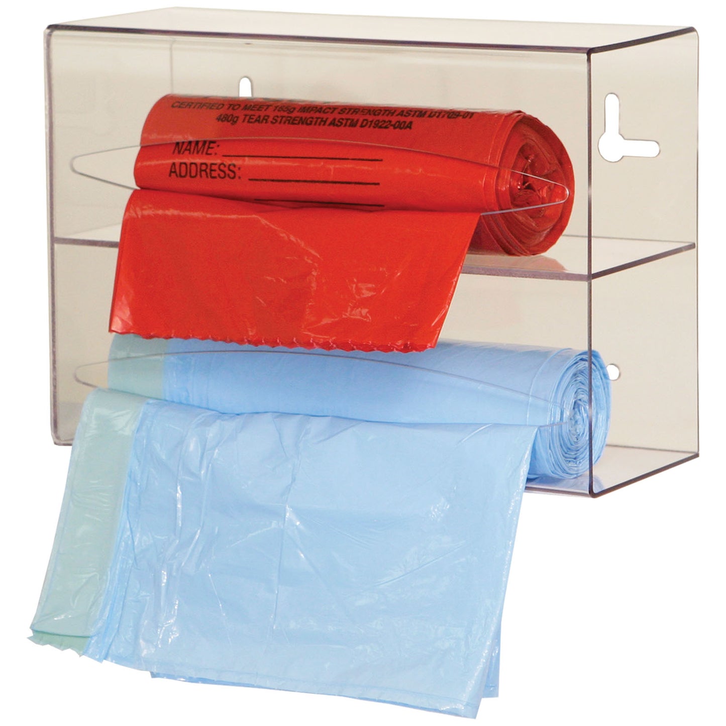 Bag Dispenser, Double, Holds Two Rolls of Bags up to 9" Long, Two-Way Keyholes For Vertical Or Horizontal Wall Mounting, Clear PETG Plastic, 10 1/8"W x 7 1/8"H x 3 15/16"D (Made in USA)