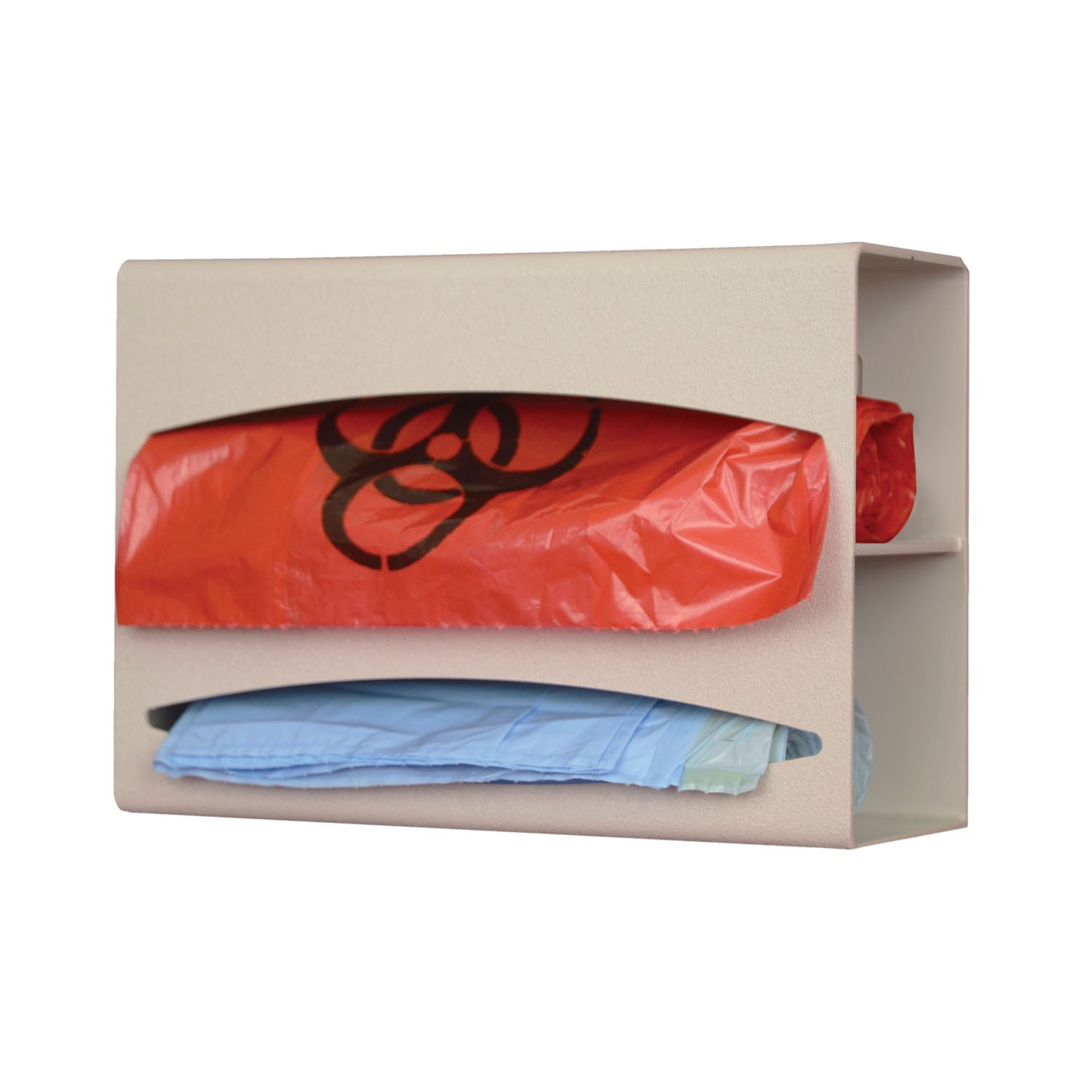 Bag Dispenser, Double, Holds Two Rolls of Bags up to 9" Long, Two-Way Keyholes For Vertical Or Horizontal Wall Mounting, Quartz ABS Plastic, 10 1/8"W x 7 1/8"H x 3 15/16"D (Made in USA)