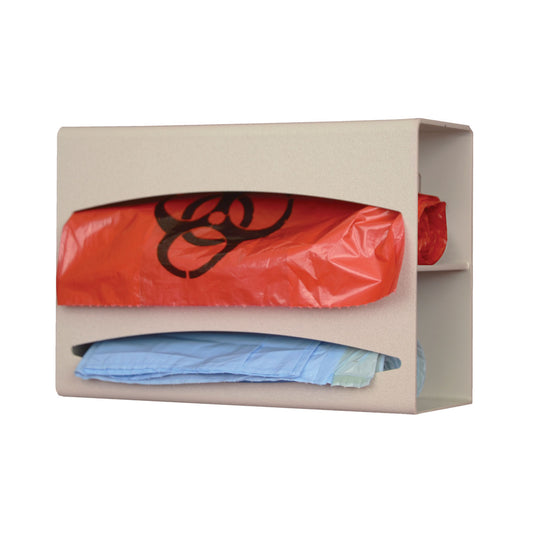 Bag Dispenser, Double, Holds Two Rolls of Bags up to 9" Long, Two-Way Keyholes For Vertical Or Horizontal Wall Mounting, Quartz ABS Plastic, 10 1/8"W x 7 1/8"H x 3 15/16"D (Made in USA)