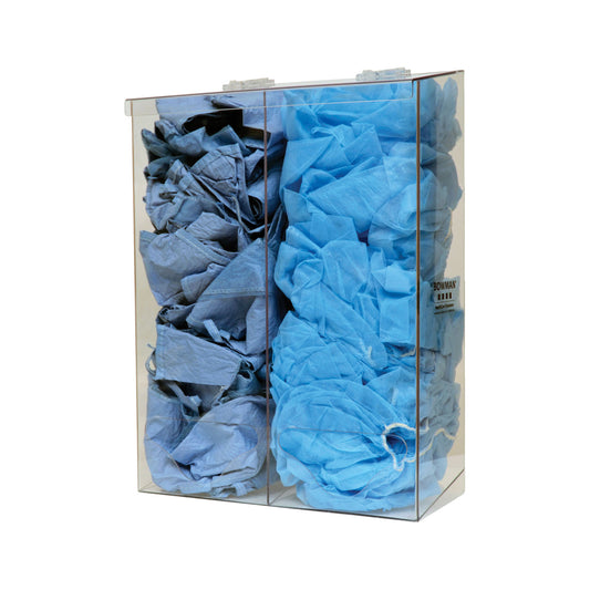 Bulk Dispenser, Tall Double Bin, Holds a Variety of Protective Apparel in Bulk, Dual Compartments with Hinged Lid, Openings at Front Bottom, Keyholes For Wall Mounting, Clear PETG Plastic, 12¼"W x 17"H x 5¾D