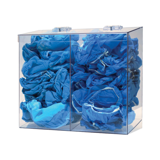 Bulk Dispenser, Double Bin, Holds a Variety of Protective Apparel in Bulk, Dual Compartments with Hinged Lid, Openings at Front Bottom, Keyholes For Wall Mounting, Clear PETG Plastic, 12¼"W x 11 1/8"H x 5¾"D (Made in USA)