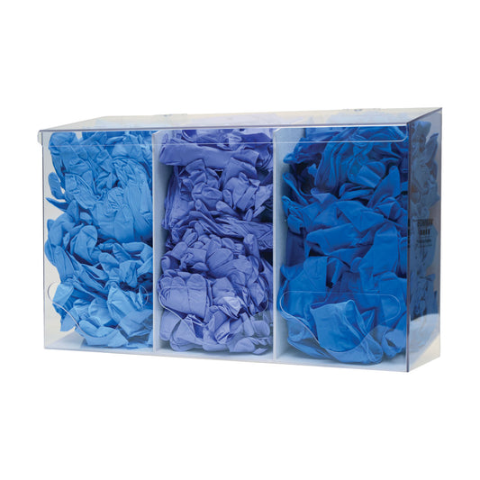 Bulk Dispenser, Triple Bin, Holds a Variety of Protective Apparel in Bulk, Triple Compartments with Hinged Lid, Openings at Front Bottom, Keyholes For Wall Mounting, Clear PETG Plastic, 17½"W x 11 3/16"H x 6 1/16"D