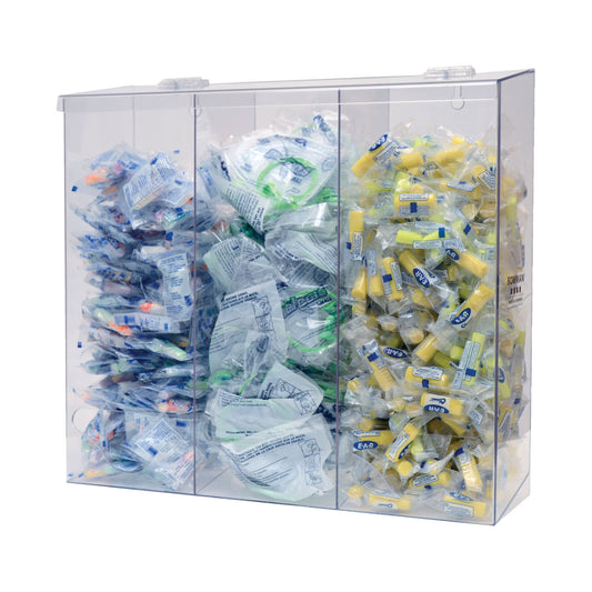 Bulk Dispenser, Tall Triple Bin, Holds a Variety of Protective Apparel in Bulk, Triple Compartments with Hinged Lid, Openings at Front Bottom, Keyholes For Wall Mounting, Clear PETG Plastic, 18 3/8"W x 17 1/16"H x 5¾"D