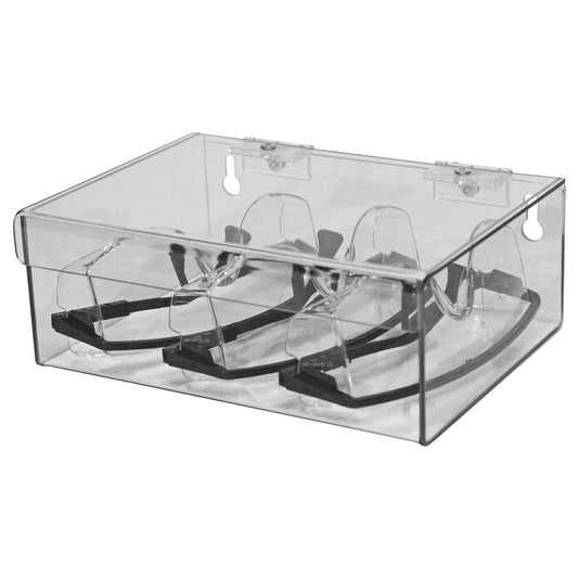 Eyewear Dispenser, Hinged Lid Top, Holds up to 6 pr of Safety Glasses, Keyholes For Wall Mounting, Clear PETG Plastic, 9¼"W x 3 7/16"H x 6 15/16"D (Made in USA)