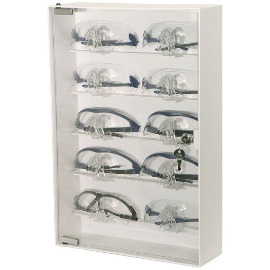 Eyewear Cabinet, Locking, Holds up to 10 pr of Safety Glasses on Nose Holders, Keyholes For Wall Mounting, White ABS Plastic & Clear PETG Plastic, 13½"W x 20"H x 4 1/8"D (Made in USA)