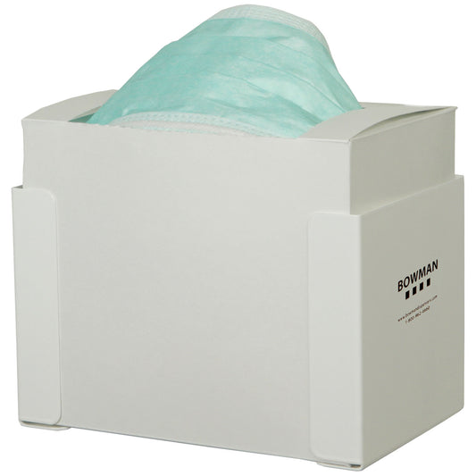 Face Mask Dispenser, Surgical Tie Style, Holds One Box of Tie Style Face Masks, Two Sets of Keyholes For Dual Position Wall Mounting, White Powder Coated Metal, 7 7/16"W x 4¾"H x 4 13/16"D (Made in USA)