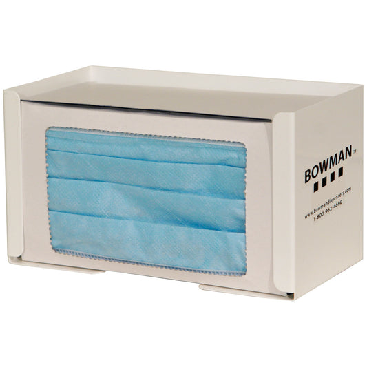 Face Mask Dispenser, Earloop Style, Holds One Box of Earloop Style Face Masks, Two Sets of Keyholes For Dual Position Wall Mounting, White Powder Coated Steel, 7 9/16"W x 4¼"H x 4 1/8"D (Made in USA)
