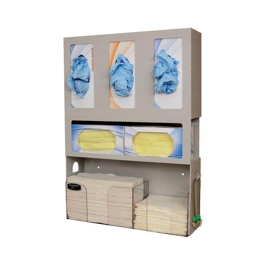 Dental Organizer, Holds Three Boxes of Gloves, Two Boxes of Face Masks, Quarter Fold Towels & Patient Bibs, Tabs on Both Sides of Unit to Hang Patient Bib Clips, Keyholes For Wall Mounting, Quartz ABS & Clear PETG Plastic, 17 5/8"W x 23½"H x 5 1/16"D (Mad