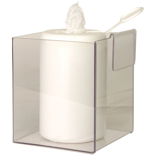 Caddy Dispenser, Clip-On, Holds A Variety of Medical Supplies Including Wet Wipes Canisters , Clips to Side of Protection Organizers Greater Than 4" Deep. Clear PETG Plastic, 6 3/16"W x 7 5/16"H x 6 5/8"D (Various Sizes) (Made in USA)