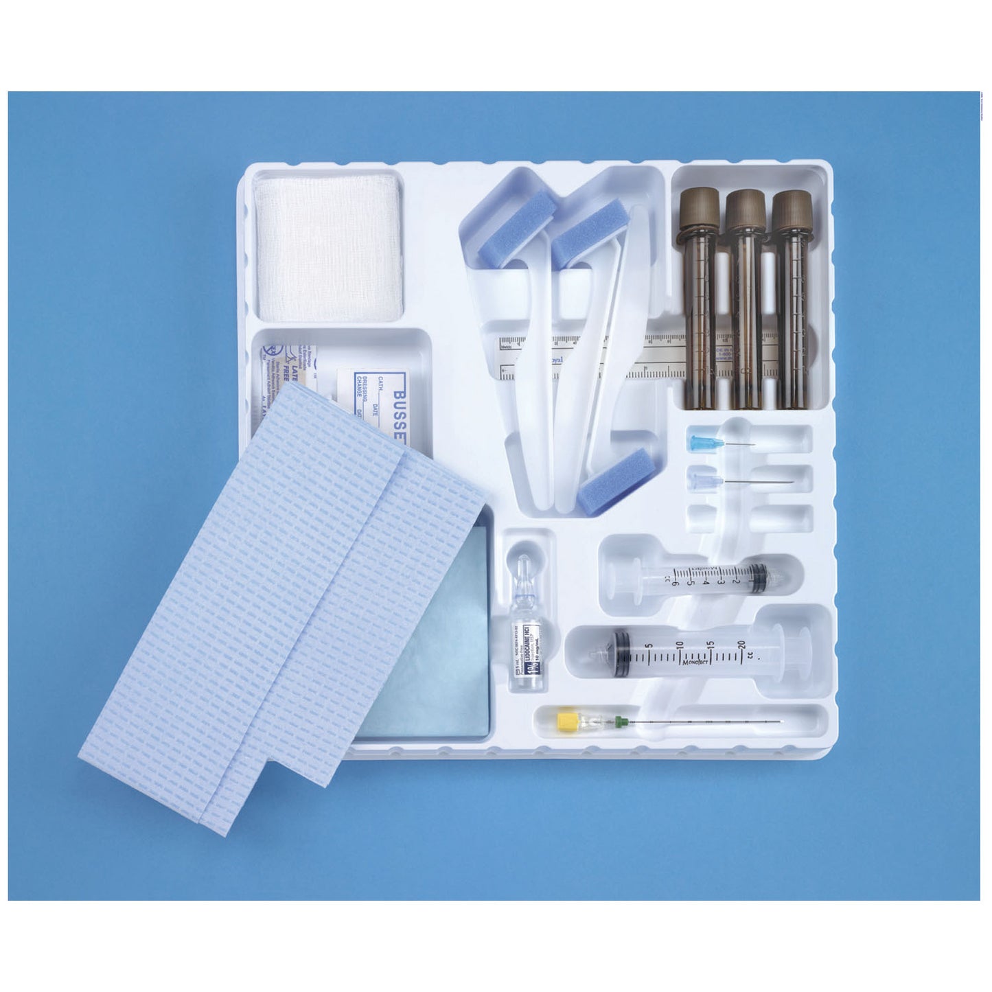 Tray, Sterile, Includes 20G x 3½" Spinal Needle, 6cc & 20cc Luer Lock Syringe, 25G x 5/8" & 22G x 1.5" Needles, 5mL Lidocaine, 3-10mL Specimen Vials, 3 Sponge Sticks, 1-6" Ruler, 3 Gauze Pads, Towel, Drape, Bandage, 3 ID Labels & CSR Wrap, 10/cs