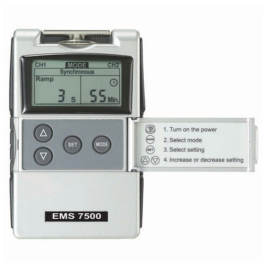EMS 7500 Digital Device, Patient Compliance Meter, Three Modes, Rubber Side Railings, System Includes the Following: Device, Lead Wires, Four Self-Adhesive Reusable Electrodes, 9-Volt Battery, Hard Plastic Carrying Case and Instruction Manual, Basic Assem