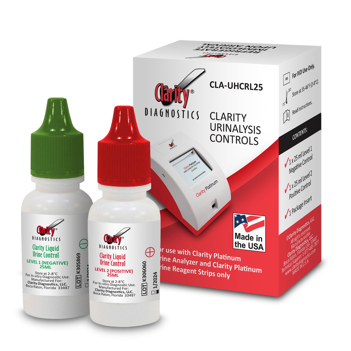 Clarity Platinum Urinalysis Controls, with 25 ml Level1/Negative and 25 ml Level2/Positive, For use ONLY with Clarity Platinum Urine Analyzer ONLY and Visual Read Clarity Microalbumin - Creatinine Test Streps - CLA-MAC (Overnight Ice (1) (1) (Made in USA)