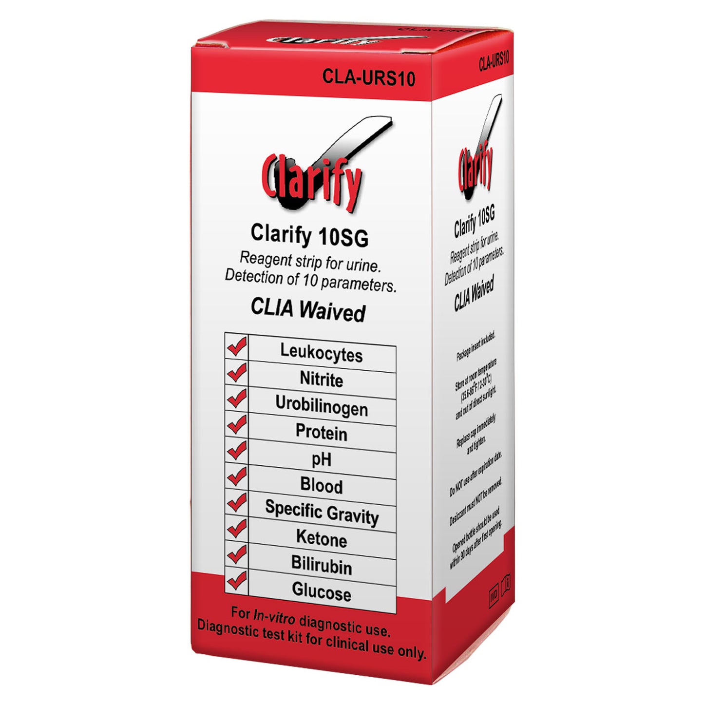 Clarify Urine Reagent Strips, 10SG, CLIA Waived, Visual Read Only, Tests for: Leukocytes, Nitrite, Urobilinogen, Protein, pH, Blood, Specific Gravity, Ketone, Bilirubin, & Glucose, 100 strips/bx (Item is Non-Returnable)