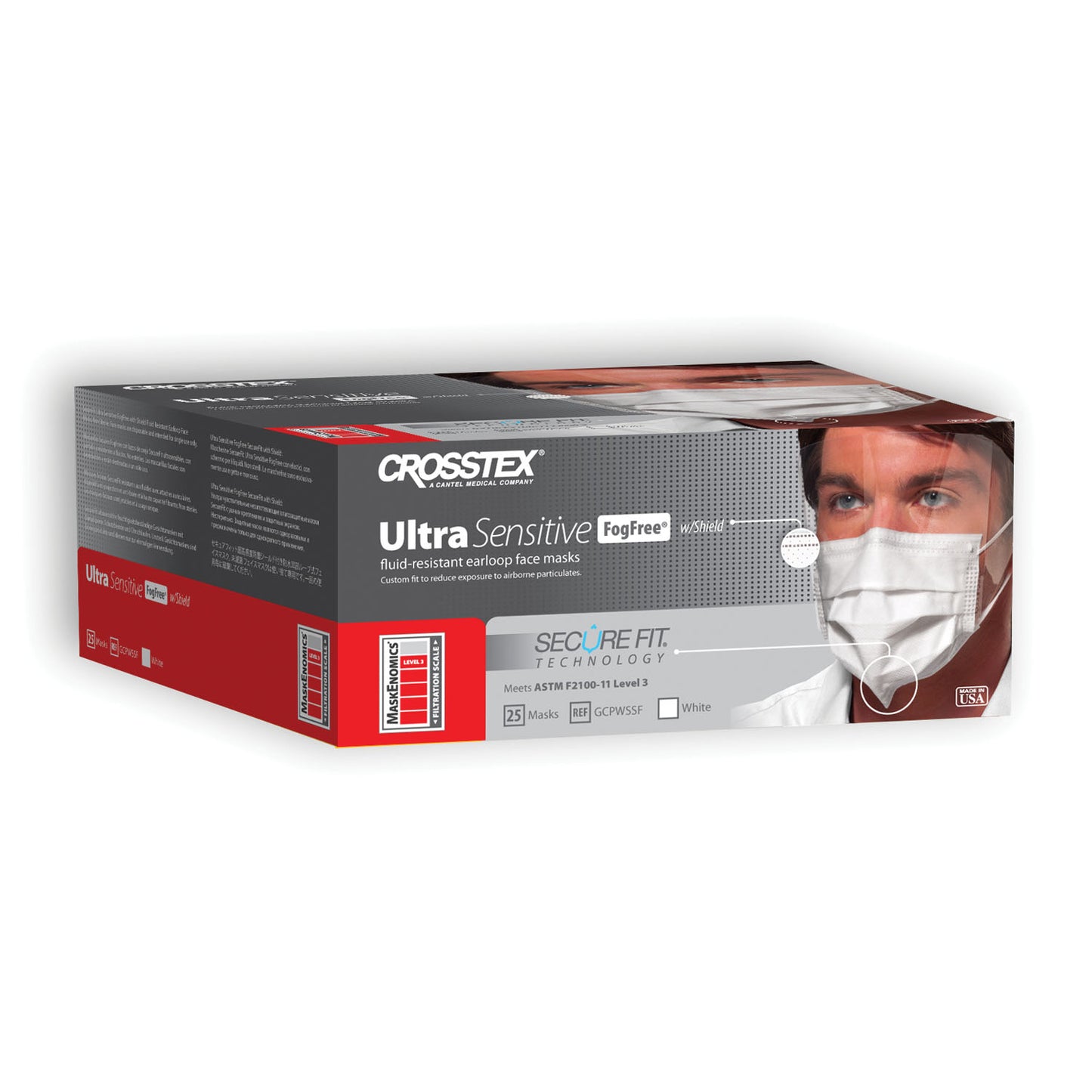 ASTM Level 3 Earloop Mask, Splash Shield, Fog Free, White, 25/bx, 4 bx/ctn