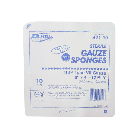 Gauze Sponge, 8" x 4", Type VII, 12-Ply, Sterile, 10/tray, 80 tray/cs