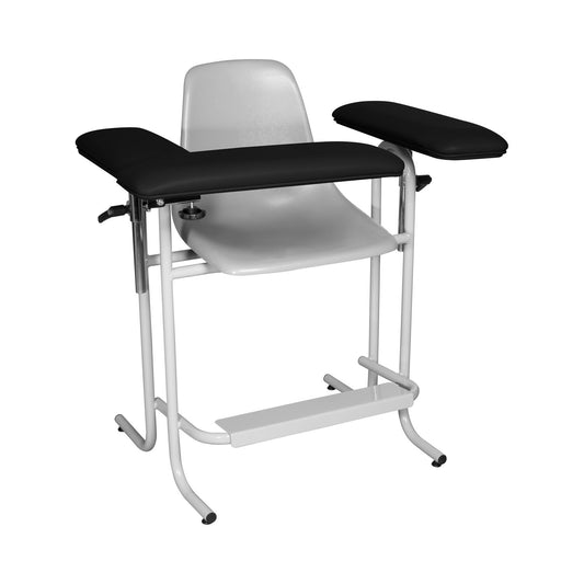 Blood Draw Chair, Plastic Seat, Upholstered Flip Arm, 300 lb Weight Capacity, Tall, Chair Dimensions: 21"W x 17"D x 24"H, Black
