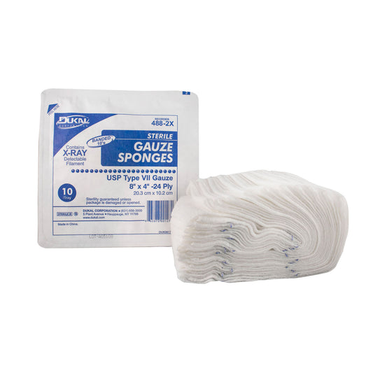 Gauze Sponge, 8" x 4", X-Ray Detectable Type VII, 24-Ply, Sterile, 10/tray, 48 tray/cs