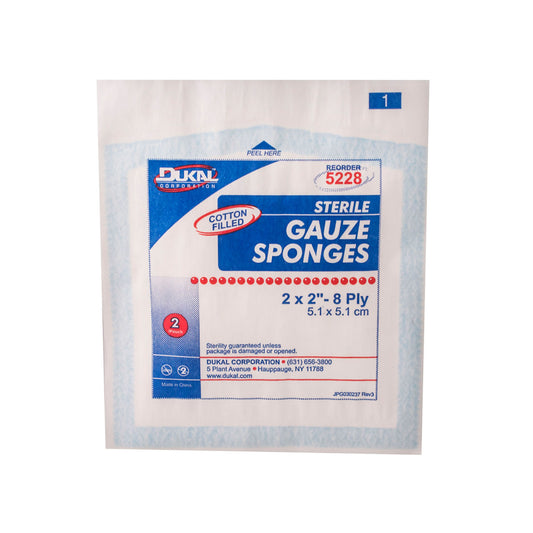 Gauze Sponge, 2" x 2", Sterile, 8-Ply, Cotton Filled, 2/pk, 50 pk/bx, 24 bx/cs (50 cs/plt)