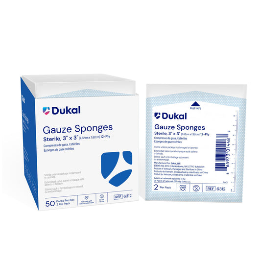 Gauze Sponge, 3" x 3", Sterile, 12-Ply, 2/pk, 50 pk/bx, 24 bx/cs