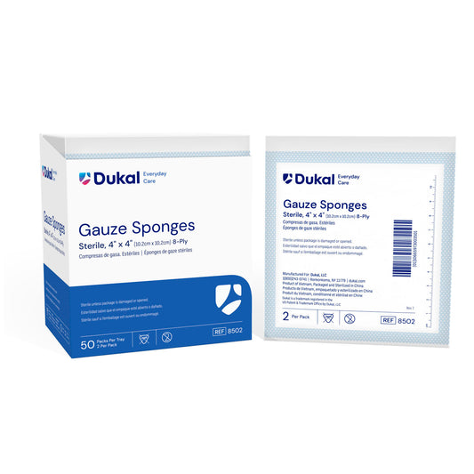 Gauze Sponge, 4" x 4", Sterile, 8-Ply, 2/pk, 50 pk/bx, 12 bx/cs (40 cs/plt)