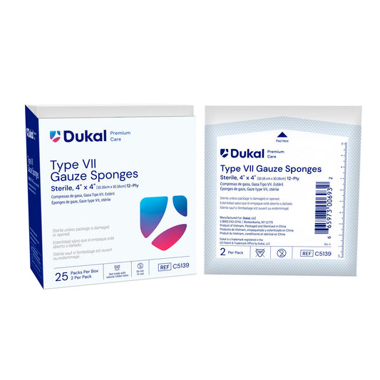 Gauze Sponge, Type VII, Sterile, 4" x 4", 12-Ply, 2/pk, 25 pk/bx, 24 bx/cs (28 cs/plt)
