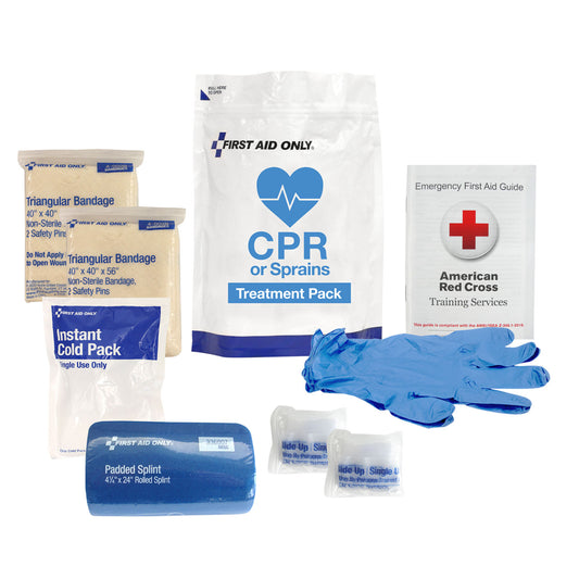 CPR & Sprains Treatment Pack, Includes: Padded Splint, First Aid Guide, CPR Face Shields, Triangular Bandages, Instant Cold Pack and Nitrile Exam Gloves (1) (1) (2) (2) (1) (2)