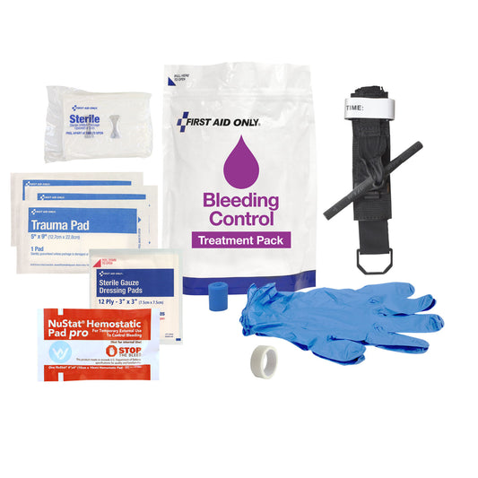 Bleeding Control Treatment Pack, Includes: Windlass Tourniquet, Sterile Gauze Pads , Hemostatic Guaze Pads, Nitrile Exam Gloves, Hema-Seal Dressing, Trauma Pads , Elastic Band Tourniquet and First Aid (1) (2) (3"x3") (1) (4"x4") (2) (1) (3) (5"x9") (1) (1