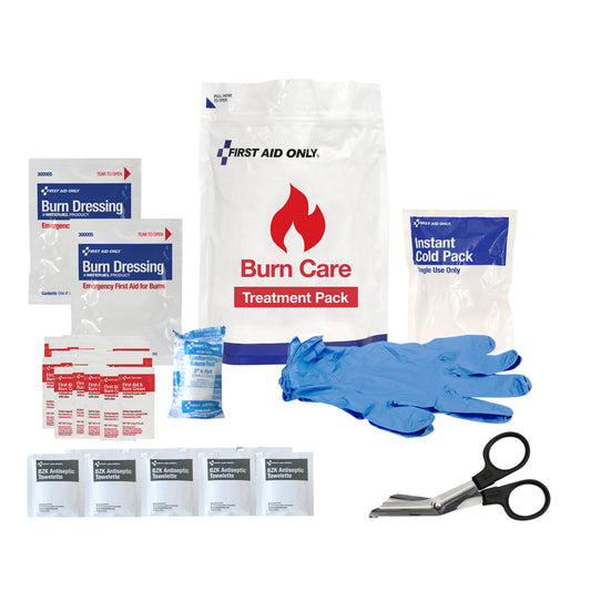 Burn Care Treatment Pack, Includes: Burn Dressing , Burn Cream Packets, Scissors, Nitrile Exam Gloves, Instant Cold Pack, Conforming Gauze Roll and BZK Towelettes (2) (4"x4") (25) (1) (2) (1) (1) (2") (9)