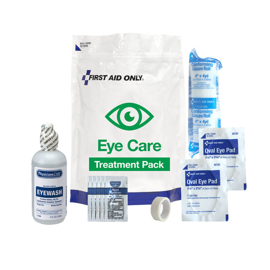 Eye Care Treatment Pack, Includes: Eye Wash , Sterile Eye Pads, Conforming Gauze Roll , First Aid Tape and Hand Sanitizer Packets (1) (4oz) (2) (1) (4") (1) (1/2"x5yds) (5)