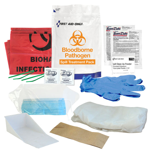 BBP Treatment Pack, Includes: Germicidal Wipes, Nitrile Exam Gloves, Fluid Control Solidflier Pack, Biohazard Scoop, Disposable Gown, Disposable Clean-up Towel, Eye & Face Shield, Biohazard Bag and Antimicrobial Wipes ( (2) (2) (1) (1) (1) (1) (1) (2) (2)