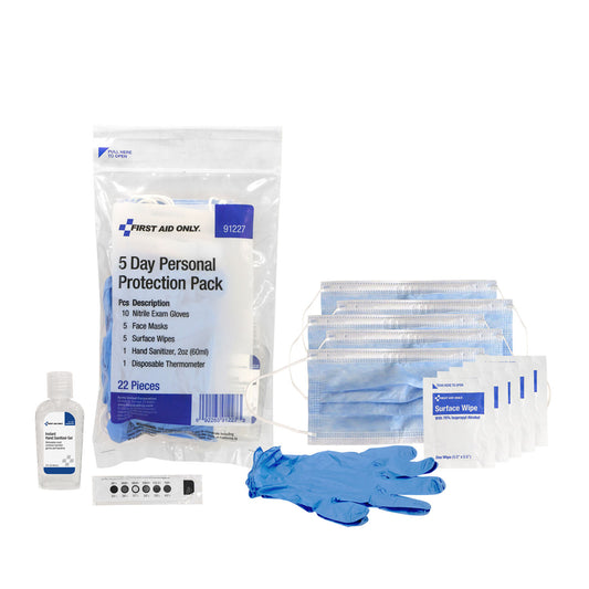 5 Day Personal Protection Pack, 22 Piece, 24/cs, Includes: Nitrile Exam Gloves, Face Masks, Surface Wipes, 2oz Hand Sanitizer, Disposable Thermometer (10) (5) (5) (1) (1)