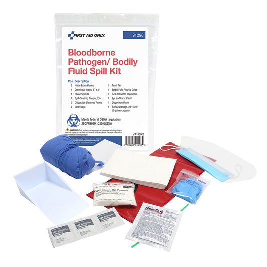 Bloodborne Pathogen/Bodily Fluid Spill Kit, 23 Piece, Includes: Nitrile Exam Gloves, Germicidal Wipes - 8"x8", Scoop/Spatula, Spill Clean Up Powder - 2oz, Disposable Clean-up Towels, Clear Bags, Twist Tie, Bodily Fluid Pick (2) (1) (1) (1) (3) (2) (1) (1)