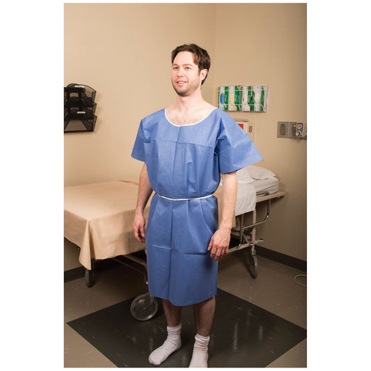 Exam Gown, Non-Woven, 30" x 46", Blue , Large, 50/cs (White Tie)