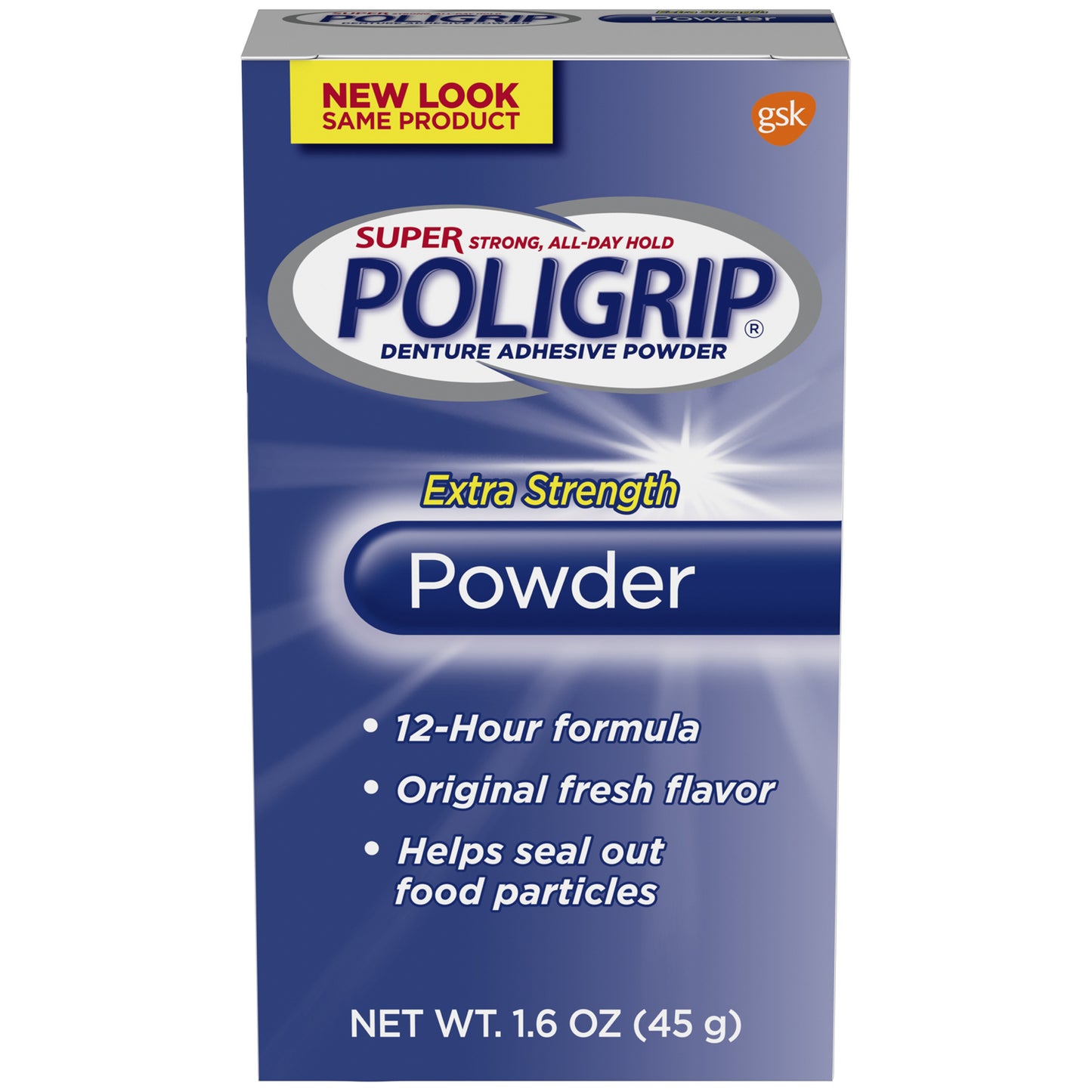 Super Poligrip® Denture Adhesive Powder, Extra Strength, 1.6 oz. bottle, 6/pkg, 4 pkg/cs (24 bottles total) (Item is Non-Returnable)