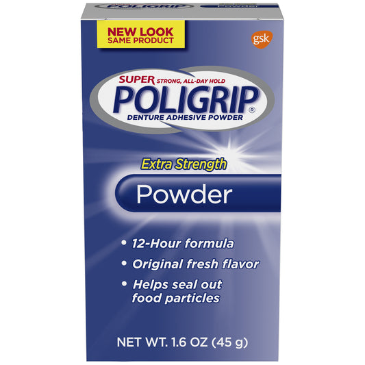 Super Poligrip® Denture Adhesive Powder, Extra Strength, 1.6 oz. bottle, 6/pkg, 4 pkg/cs (24 bottles total) (Item is Non-Returnable)