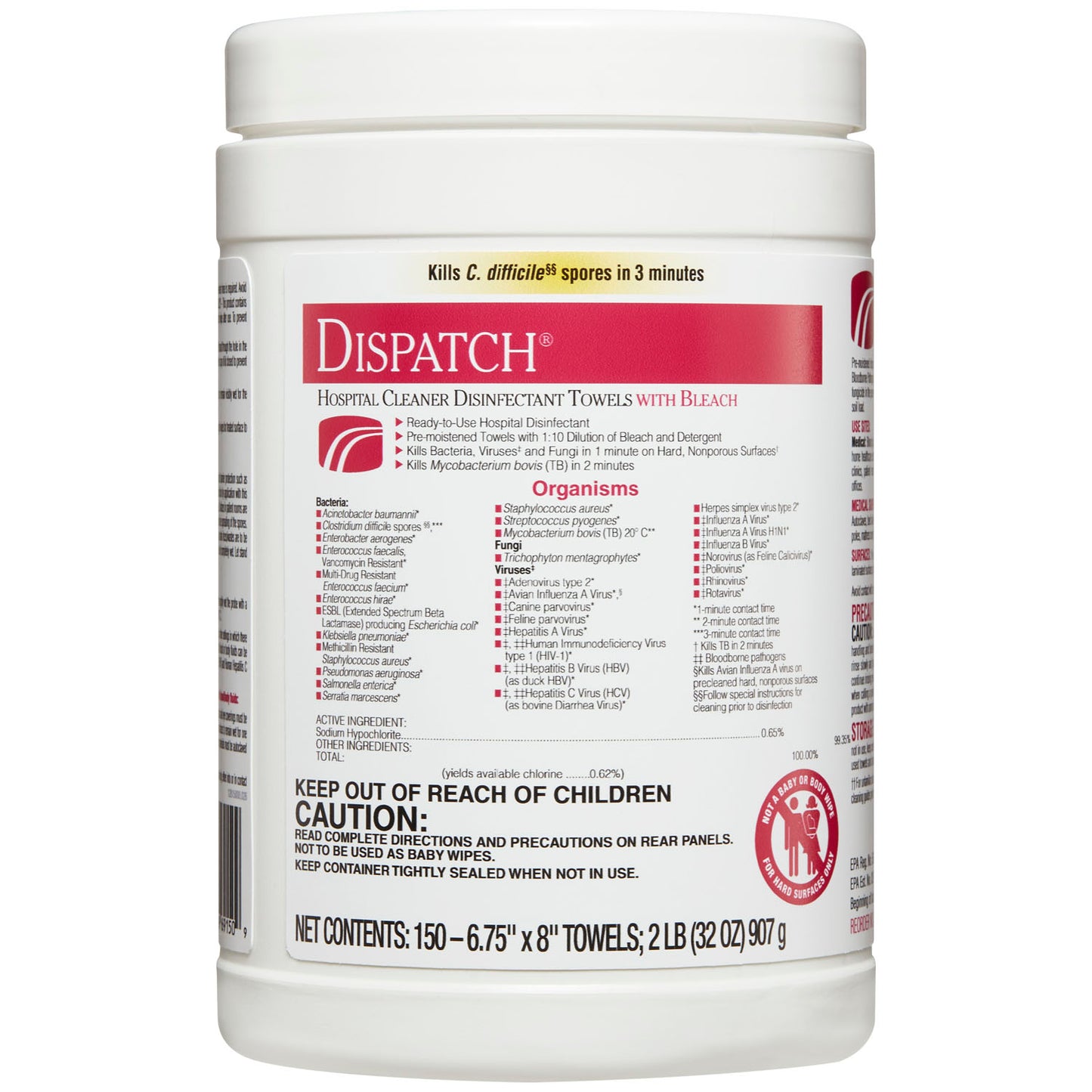 Dispatch® Hospital Cleaner Disinfectant Towels with Bleach, 6.75 x 8, 150/can, 8/cs (36 cs/plt) (Short-Dated; Non-Returnable; Non-Refundable)