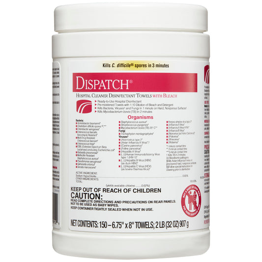 Dispatch® Hospital Cleaner Disinfectant Towels with Bleach, 6.75 x 8, 150/can, 8/cs (36 cs/plt) (Short-Dated; Non-Returnable; Non-Refundable)